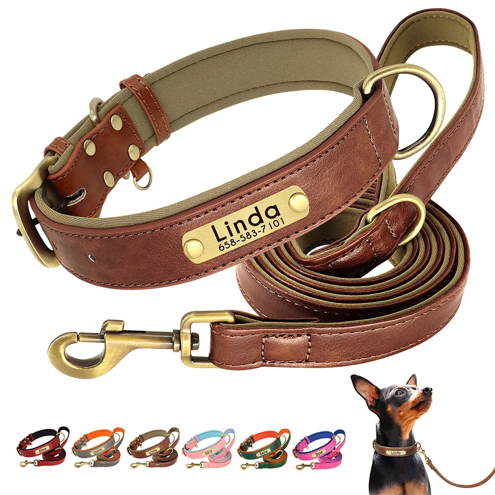 Engraved Leather Dog Collar and Leash Set