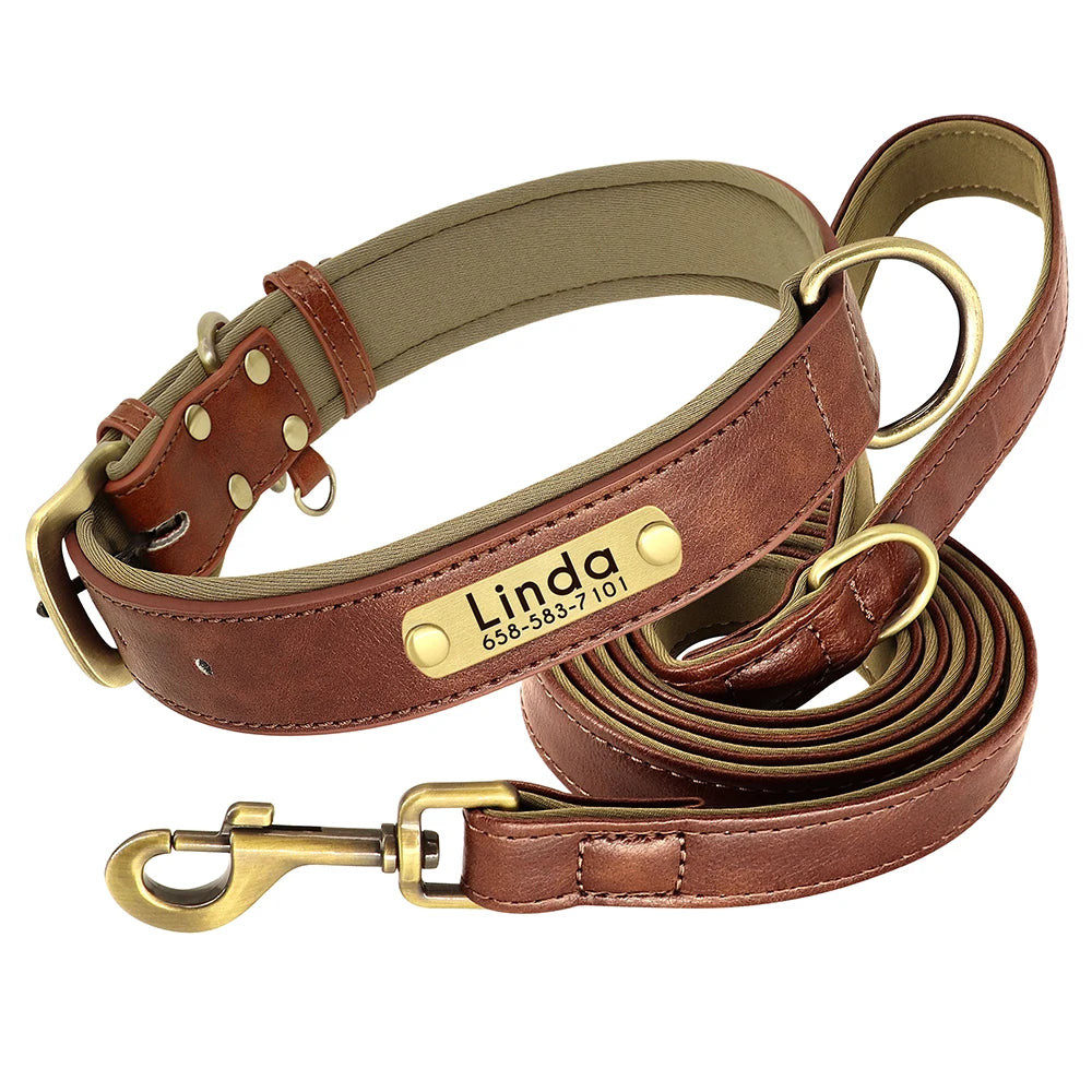 Engraved Leather Dog Collar and Leash Set