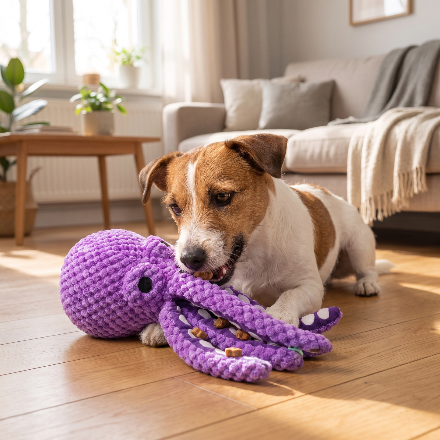 Dog playing with the Interactive Octopus Puzzle Plush on a living room floor