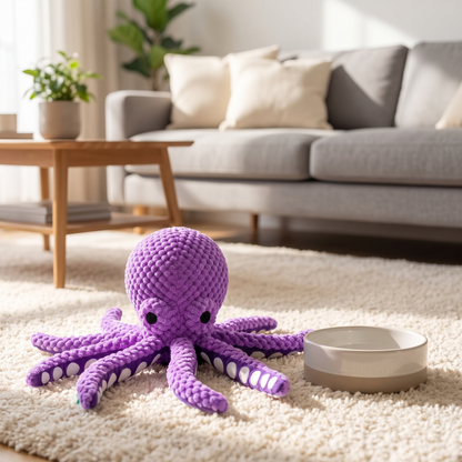 Interactive Octopus Puzzle Plush styled on a rug in a bright living room