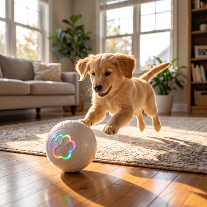 Dog chasing the Smart Bouncing Ball across a living room floor