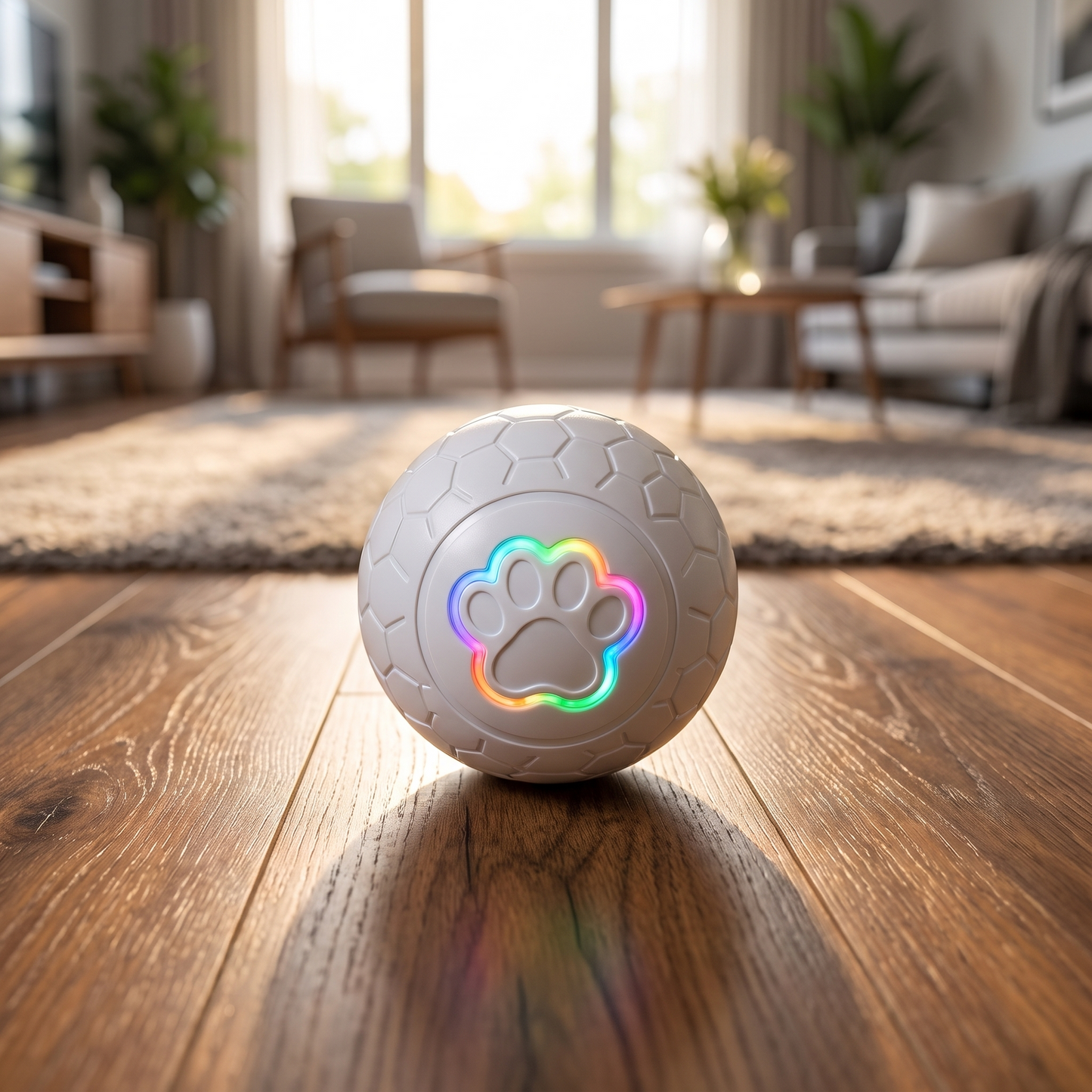 Smart Bouncing Ball on a wooden floor in a modern living room