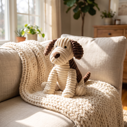 Reinforced Corduroy Plush Companion on a knitted blanket on a couch