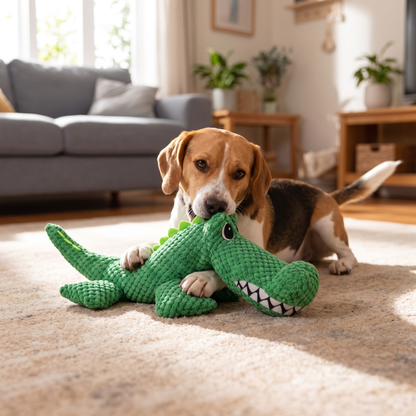Dog playing with the Chew-Resistant Crocodile Plush Toy on a living room rug