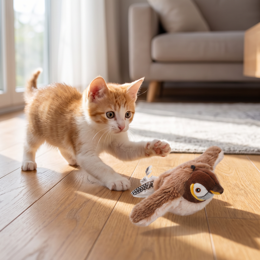 Cat pouncing on the Chirping Flapping Bird Cat Toy on a wooden floor