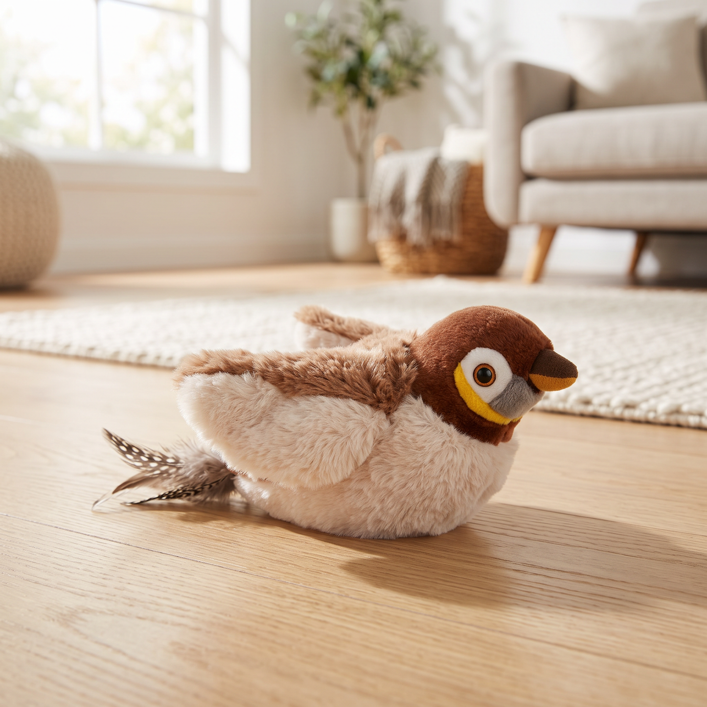 Chirping Flapping Bird Cat Toy styled on a wood floor in a living room