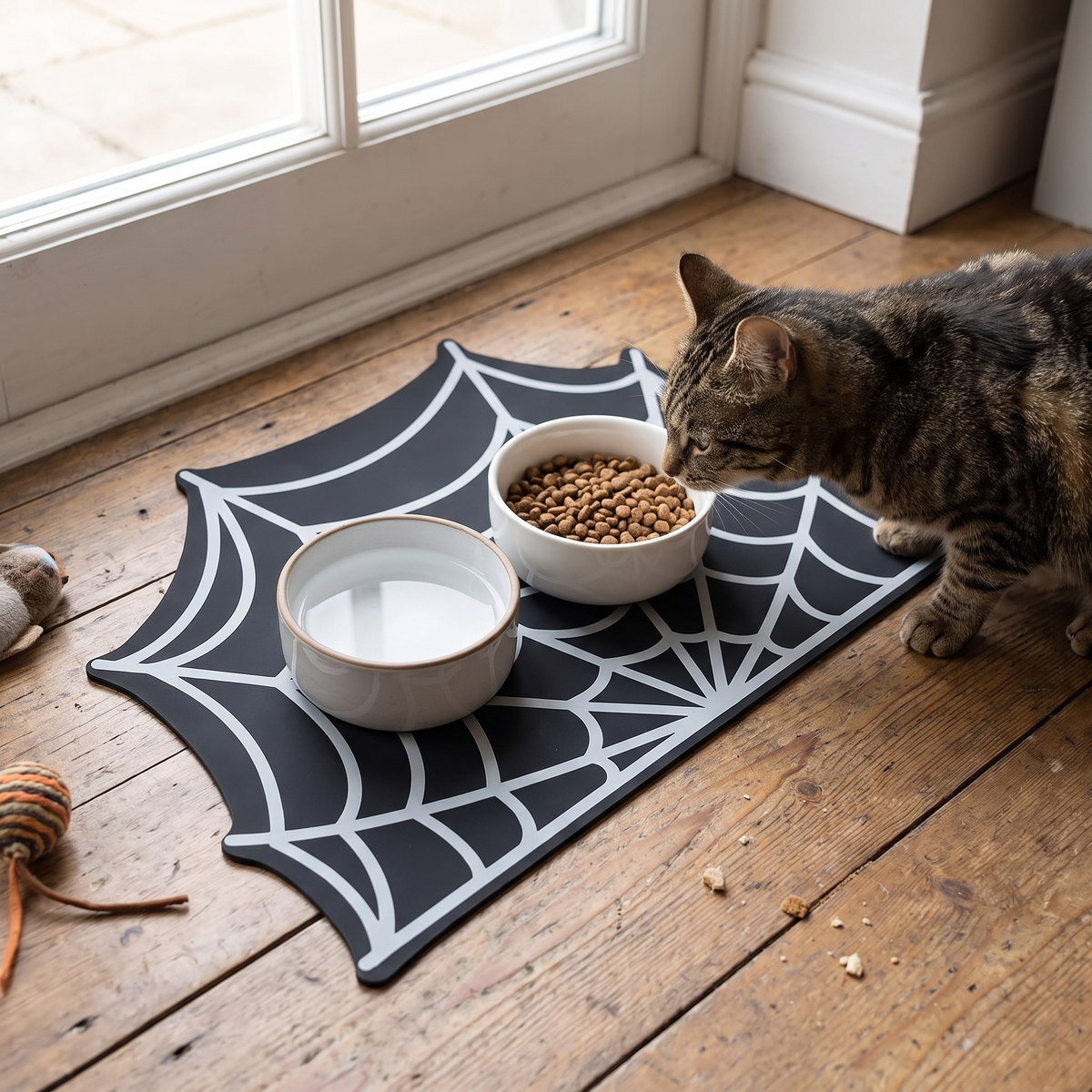 Halloween spider-web pet feeding mat lifestyle