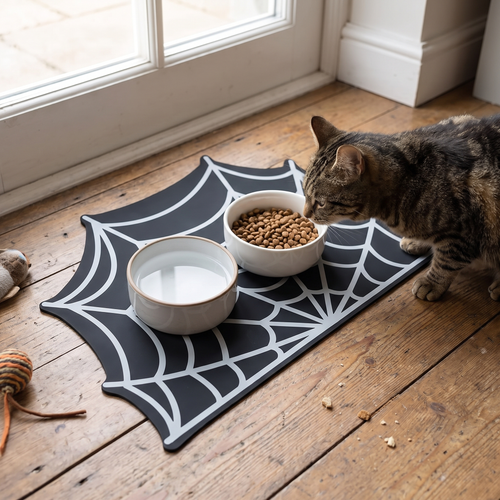 Halloween spider-web pet feeding mat lifestyle
