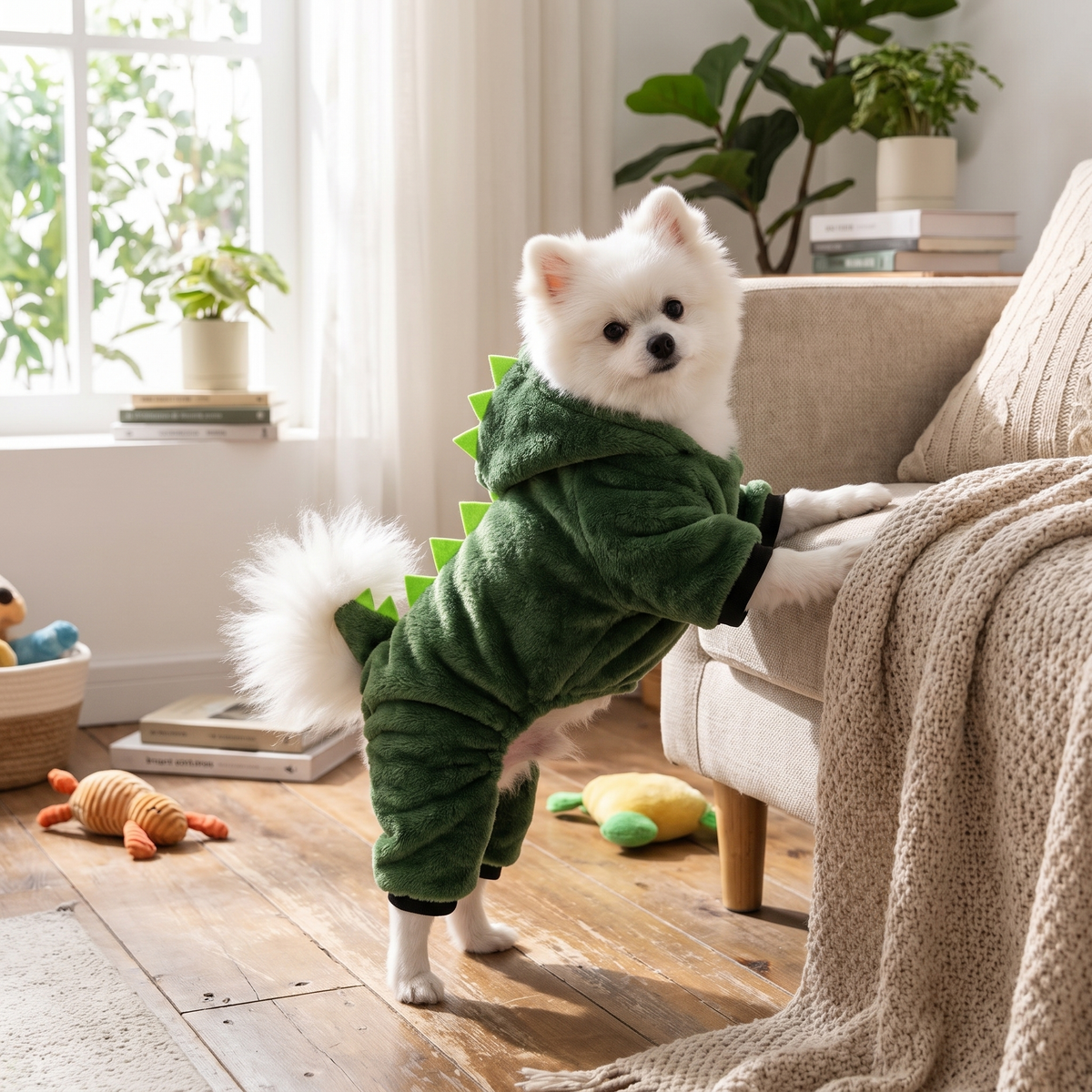 Dinosaur fleece hoodie pet costume lifestyle