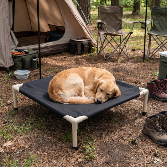 Elevated folding pet camping bed lifestyle