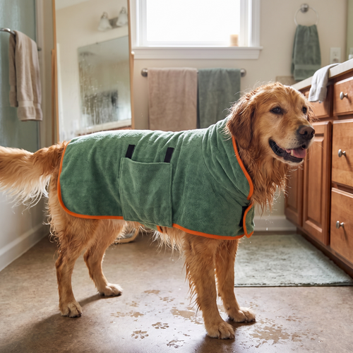Dog bathrobe towel lifestyle