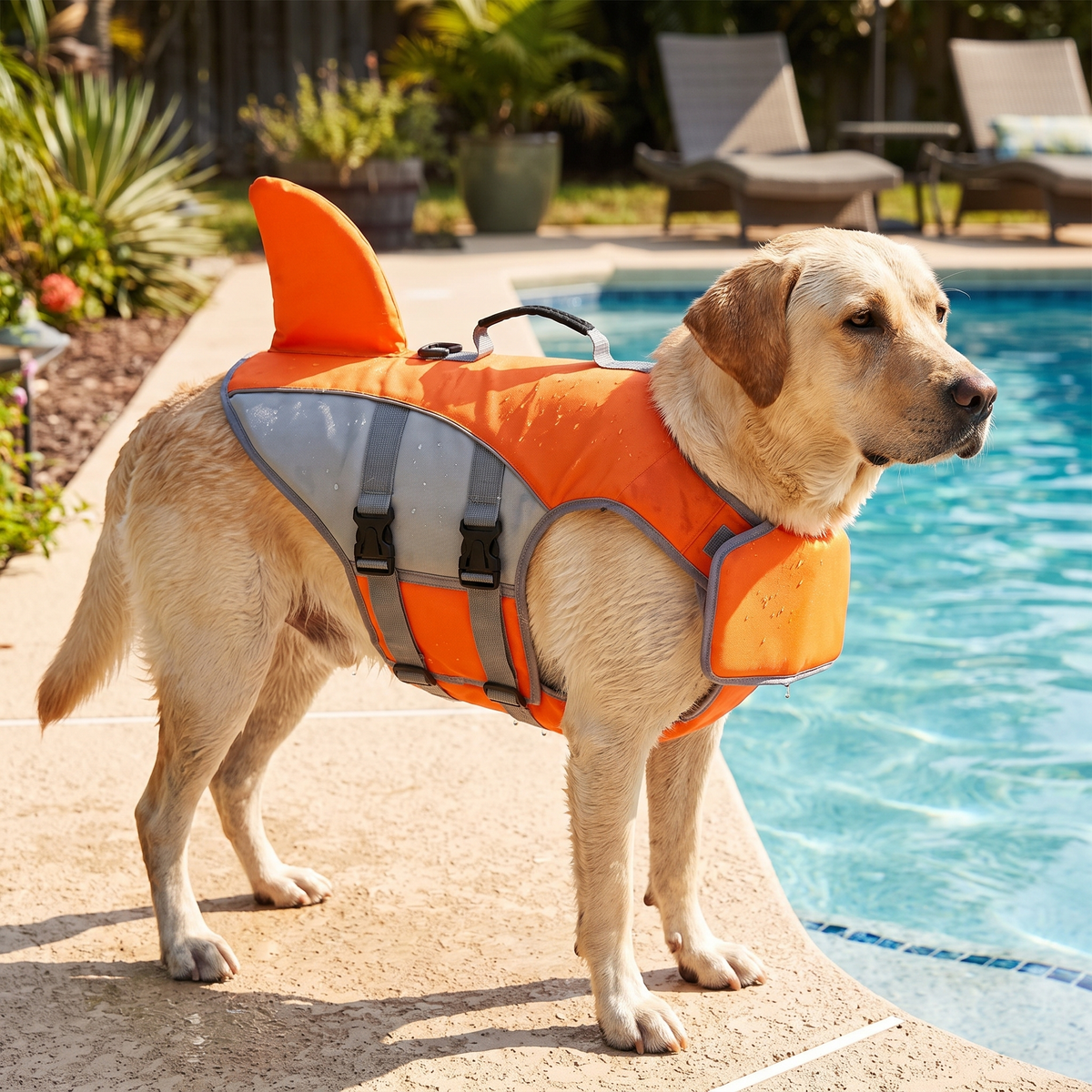 Shark fin dog life jacket lifestyle