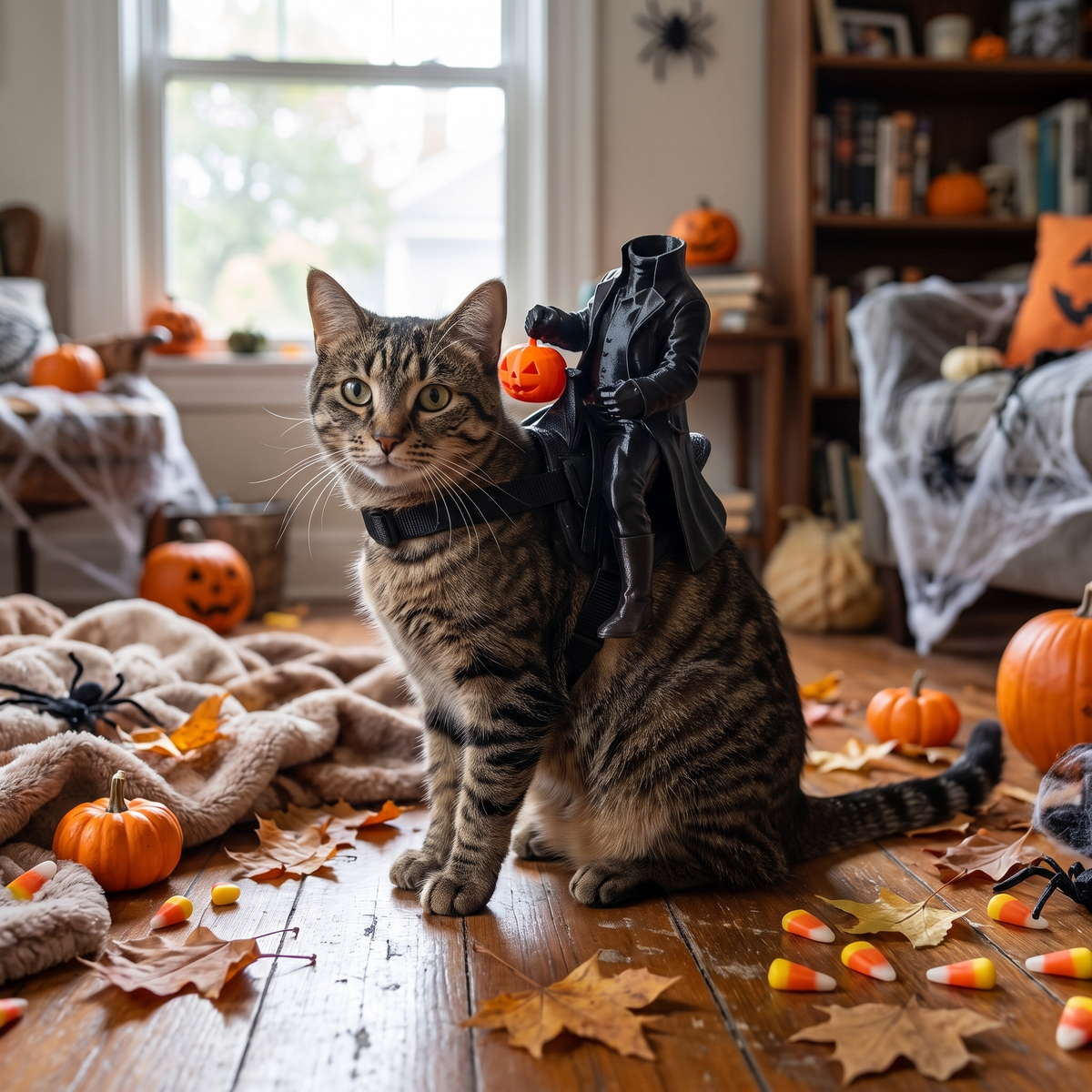 Headless horseman cat costume lifestyle