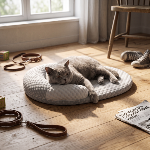 Oval ice silk cooling pet bed lifestyle