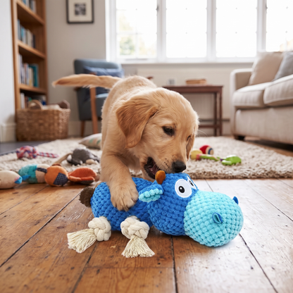 Plush squeaky dog chew toy lifestyle